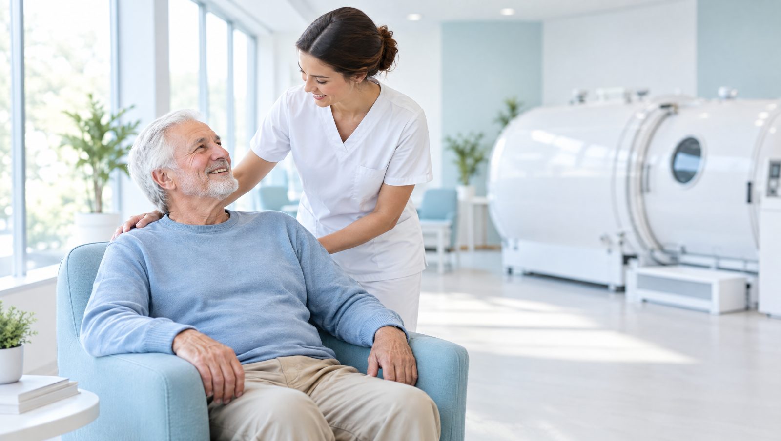 Adulto mayor sonriente acompañado por una enfermera durante una sesión de oxigenoterapia en una clínica moderna